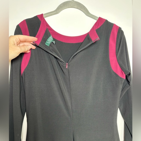 Lauren Ralph Lauren Knit Jersey Dress Black Burgundy Trim Size 4 Ruching - Picture 6 of 8